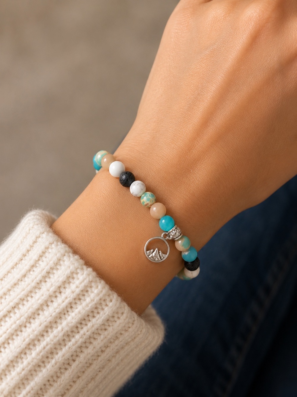 Beaded Multicolor Charm Stretch Bracelet - Turquoise, White, Peach